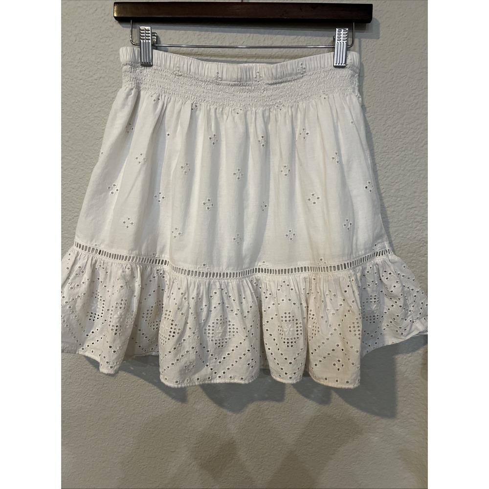 Madewell Embroidered WHITE Eyelet Smock Waist Ruffle Mini Skirt  EXTRA SMALL